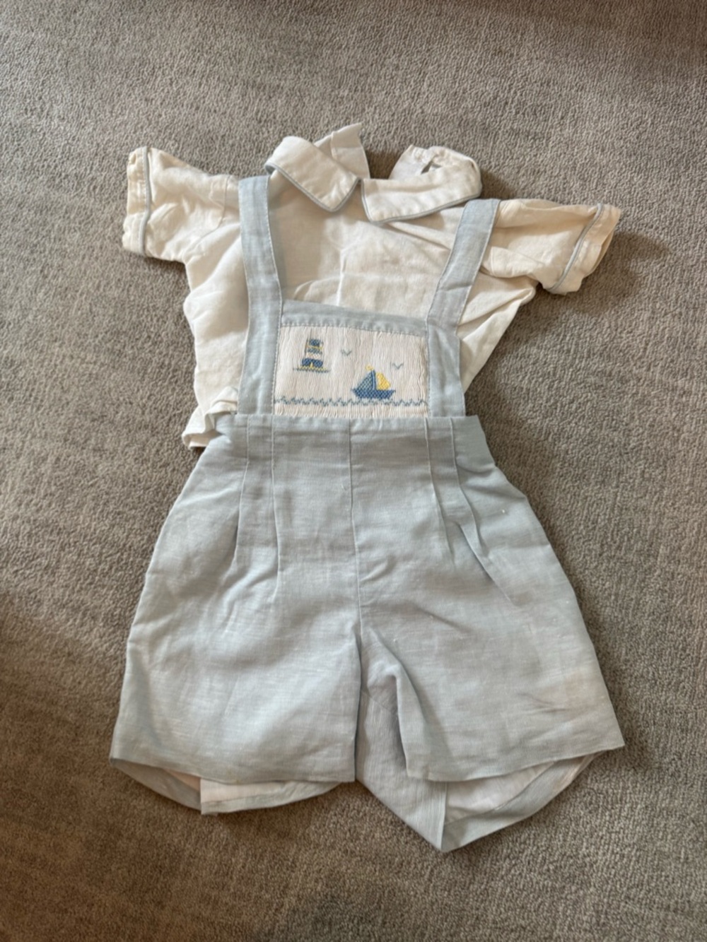 Light Blue Smocked Sailboat Kids Short Overalls